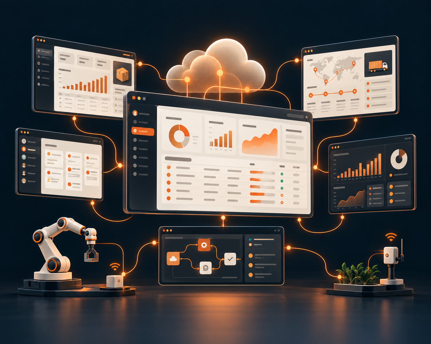Connected SaaS dashboards for business, logistics, teams and analytics, integrated with IoT sensors and robotics.